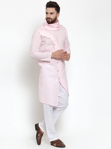 Pink Kurta With Aligarh Pajama in Linen For Men by Luxury at Less