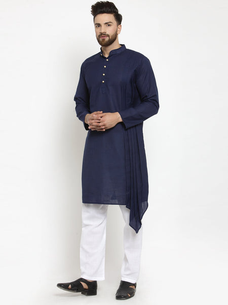 Navy Blue Kurta With Aligarh Pajama Set in Linen for men by Luxury at Less