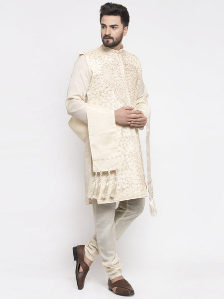 Men's White Embroidered Kurta Pajama Set, With  Jacket, and Scarf by Luxury at Less