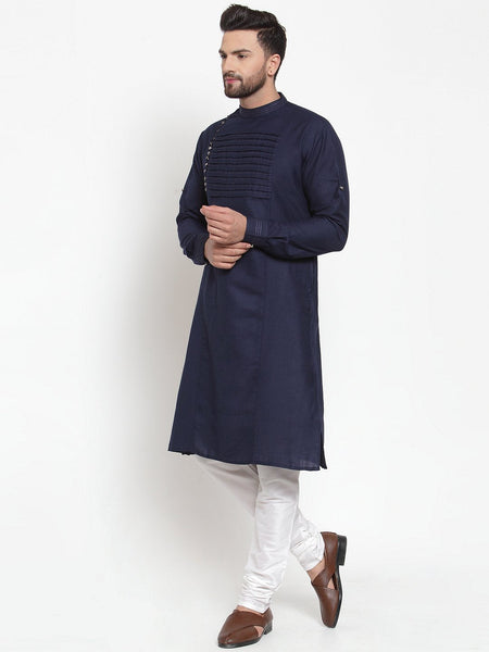 Designer Navy Blue Kurta With Churidar Pajama in Linen for Men by Luxury at Less