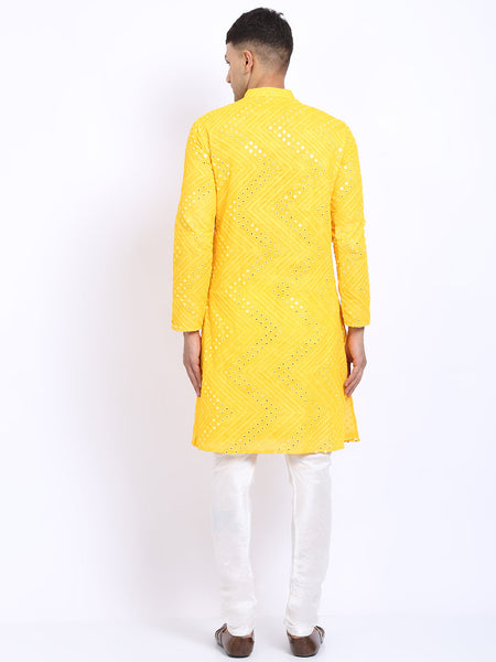 Yellow Georgette Mirror Work Embroidered Kurta with Churidar Pajama by Luxury at Less