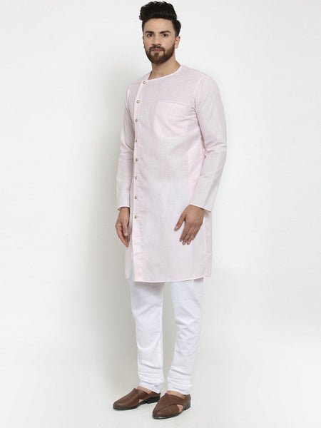 Pink Kurta With Churidar Pajama Set in Linen For Men by Luxury at Less