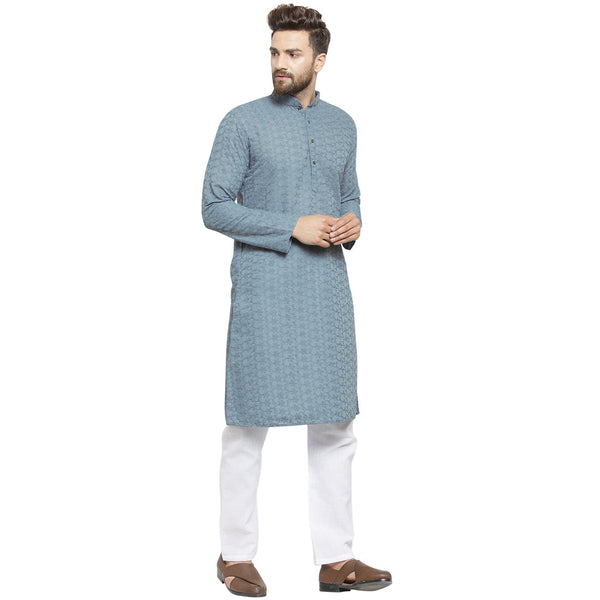 Light Grey Cotton Chikankari Lucknowi Jaal Embroidered Kurta with Aligarh Pajama For Men  by Luxury at Less