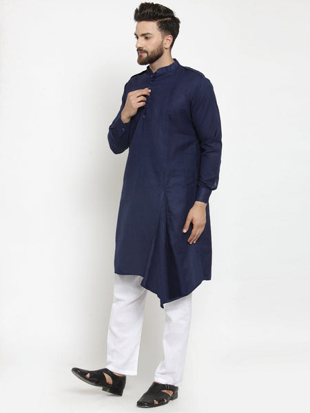 Navy Blue Kurta With Aligarh Pajama Set in Linen For Men by Luxury at Less