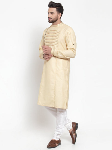 Designer Beige Kurta With Churidar Pajama Set in Linen for men by Luxury at Less