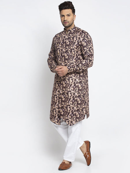 Designer Cotton Brown Block Printed Kurta With Aligarh Pajama Set For Men By Luxury at Less