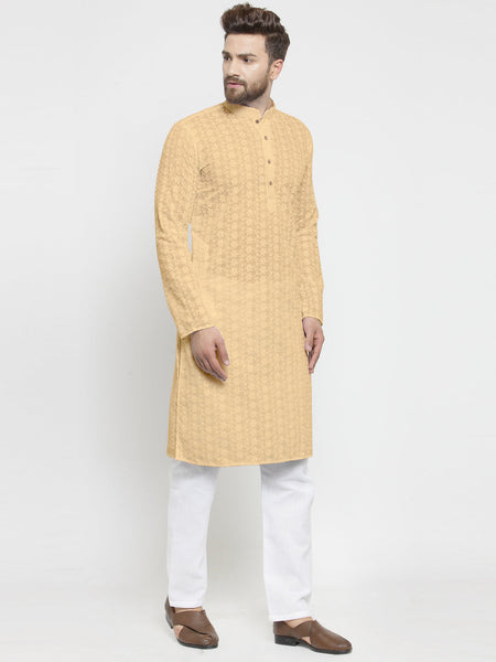 Embroidered Cotton Chikankari Beige Kurta With Aligarh Pajama For Men By Luxury at Less