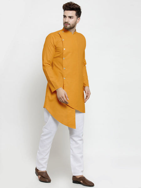 Designer Mustard Yellow Linen Kurta With White Aligarh Pajama For Men By Luxury at Less