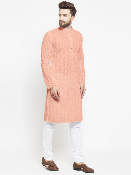 Salmon Pink Chikankari Lucknowi Jaal Embroidered Kurta with Churidar Pajama For Men by Luxury at Less