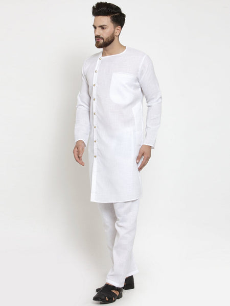 White Kurta With Aligarh Pajama Set in Linen For Men by Luxury at Less