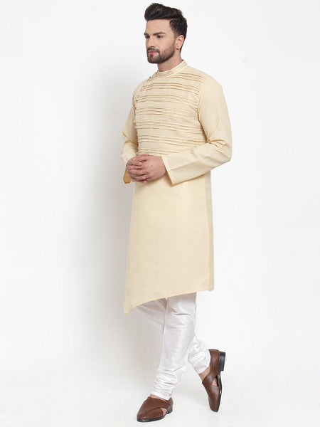 Designer Beige Kurta With Churidar Pajama Set in Linen For Men by Luxury at Less