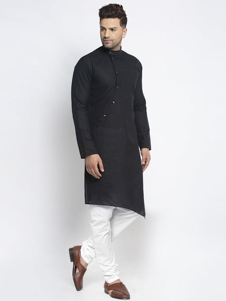 Designer Black Linen Kurta With White Churidar Pajama Set For Men By Luxury at Less