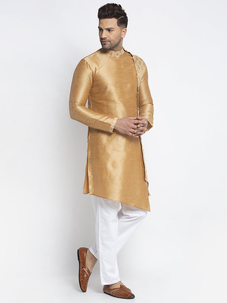 Embellished Brocade Golden Kurta With Aligarh Pajama Set For Men By Luxury at Less