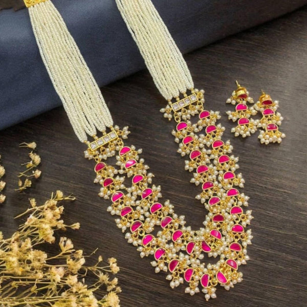 Gold Plated Traditional Kundan & Pearl Studded  Long Chain Set