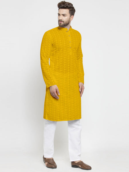 Mustard Yellow Chikankari Lucknowi Jaal Embroidered Kurta with Aligarh Pajama For Men  by Luxury at Less