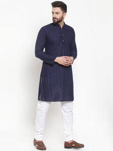 Navy Blue Cotton Chikankari Lucknowi Jaal Embroidered Kurta with Churidar Pajama For Men Luxury at Less