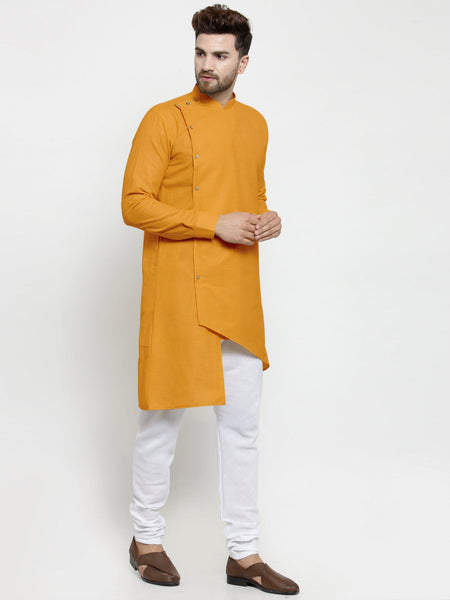 Designer Mustard Yellow Linen Kurta With White Churidar Pajama For Men By Luxury at Less