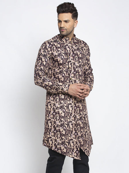 Designer Cotton Brown Block Printed Kurta For Men By Luxury at Less