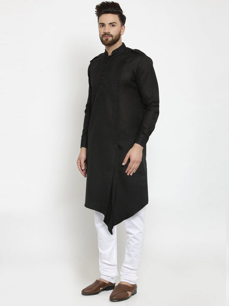 Black Kurta With Churidar Pajama in Linen For Men by Luxury at Less