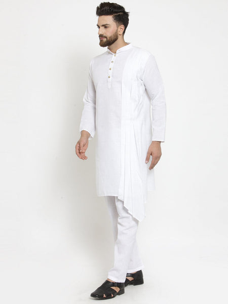 White Kurta With Aligarh Pajama Set in Linen For Men by Luxury at Less