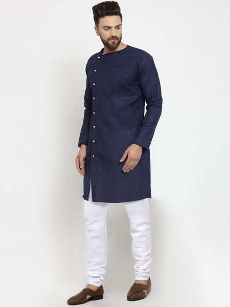 Navy Blue Kurta With Churidar Pajama Set in Linen For Men by Luxury at Less