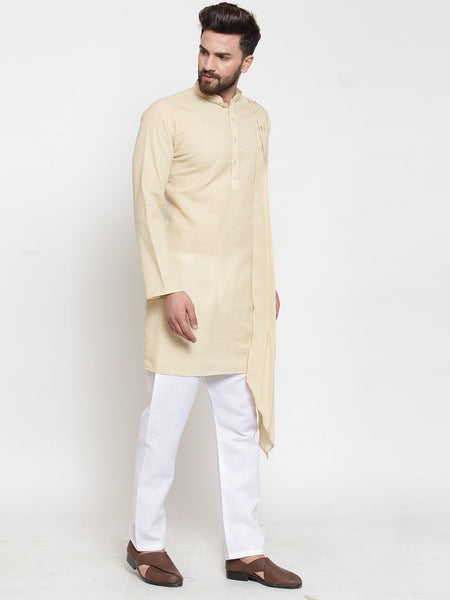 Beige Kurta With Aligarh Pajama Set in Linen For Men by Luxury at Less