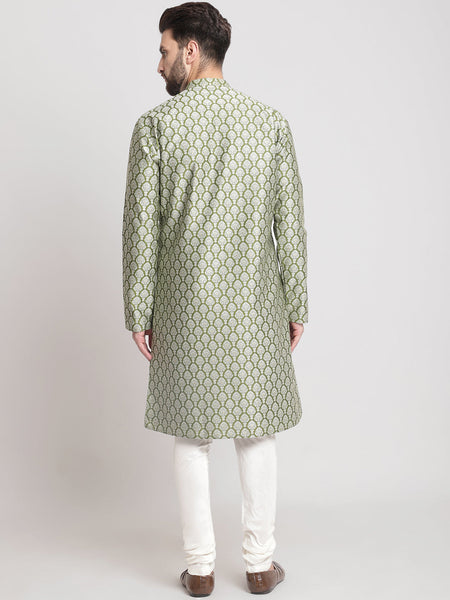 Designer Golden Green Brocade Silk Kurta With Churidar Pajama By Luxury at Less