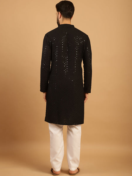 Embellished Sequinned Chikankari Embroidered Black Kurta Pajama Set by Luxury at Less