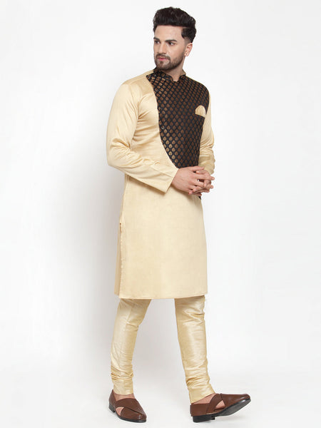 Designer Brocade Beige Banarasi Silk Kurta Pajama Set by Luxury at Less