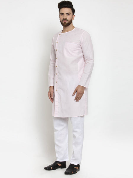 Designer Full Sleeve Pink Kurta With Aligarh Pajama Set in Linen For Men by Luxury at Less