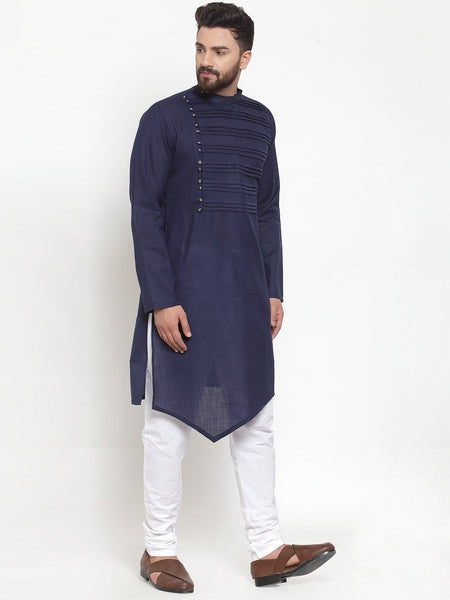 Designer Navy blue Kurta With Churidar Pajama Set in Linen for men by Luxury at Less