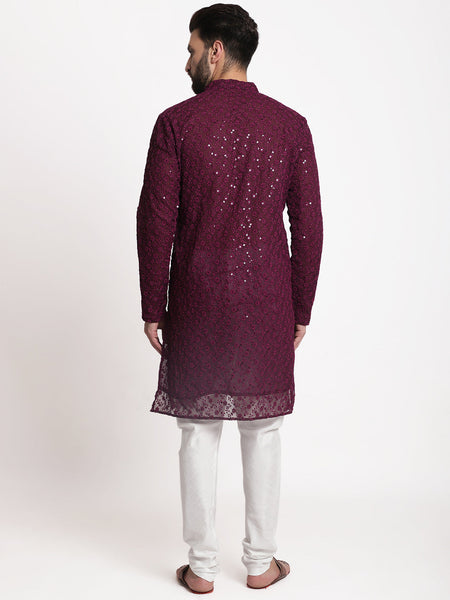 Wine Chikankari Floral Embroidery Kurta With Churidar Pajama by Luxury at Less