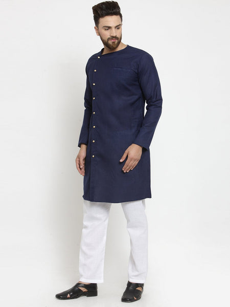 Navy Blue Kurta With Aligarh Pajama Set in Linen for men by Luxury at Less