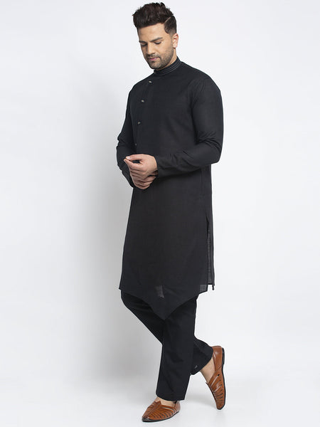 Designer Black Linen Kurta With Aligarh Pajama Set For Men By Luxury at Less