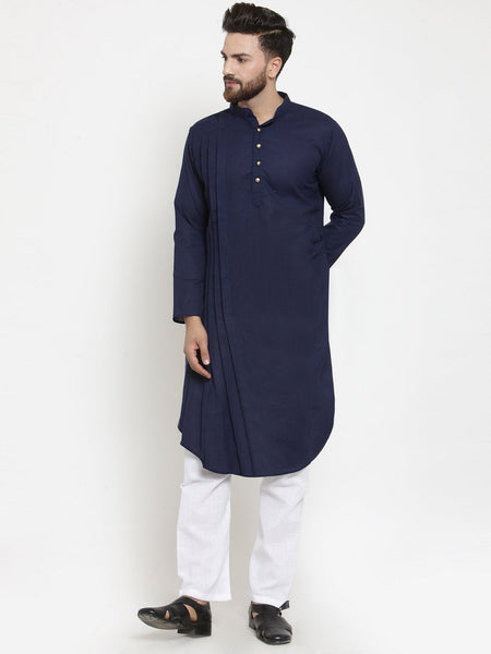 Designer Navy Blue Linen Kurta With Churidar Pajama For Men By Luxury at Less