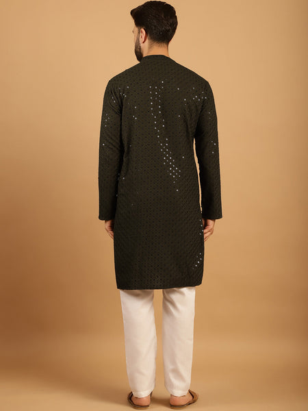 Embellished Sequinned Chikankari Embroidered Dark Mehndi Green Kurta Pajama Set by Luxury at Less