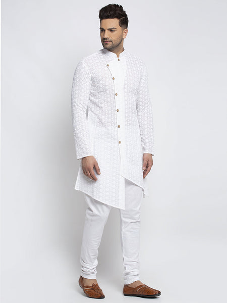 Designer Cotton Chikankari White Kurta Pajama Set by Luxury at Less