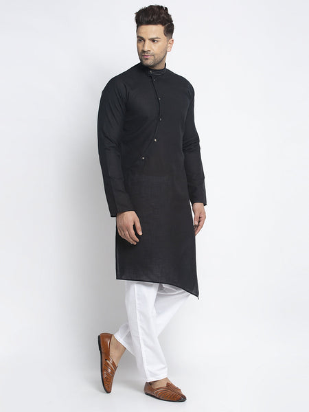 Designer Black Linen Kurta With White Aligarh Pajama Set For Men By Luxury at Less