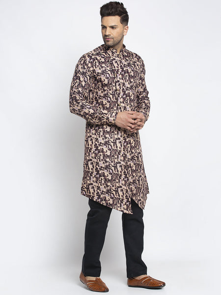 Designer Cotton Brown Block Printed Kurta With Aligarh Pajama Set For Men By Luxury at Less