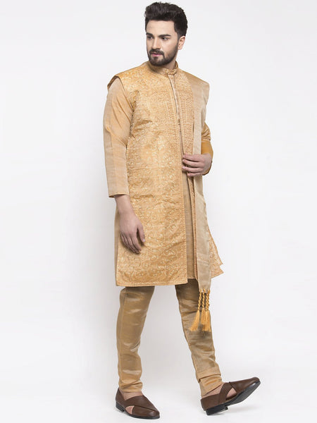 Men's Gold Embroidered Kurta Pajama Set With,Jacket, and Scarf by Luxury at Less