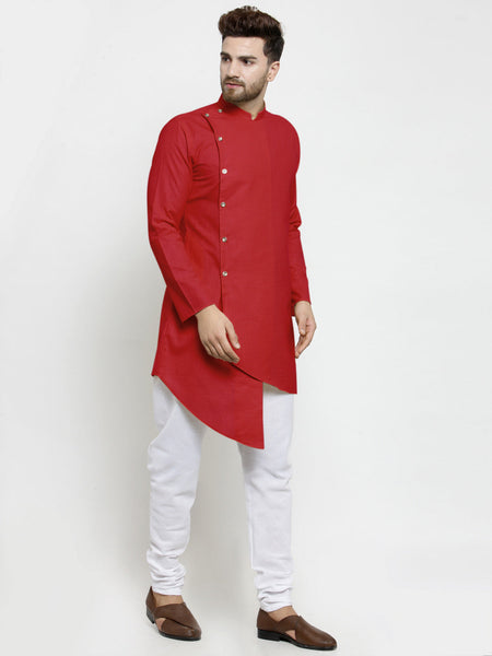 Designer Red Linen Kurta With White Churidar Pajama For Men By Luxury at Less