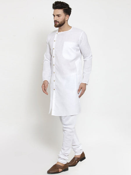 White Kurta With Churidar Pajama Set in Linen for men by Luxury at Less