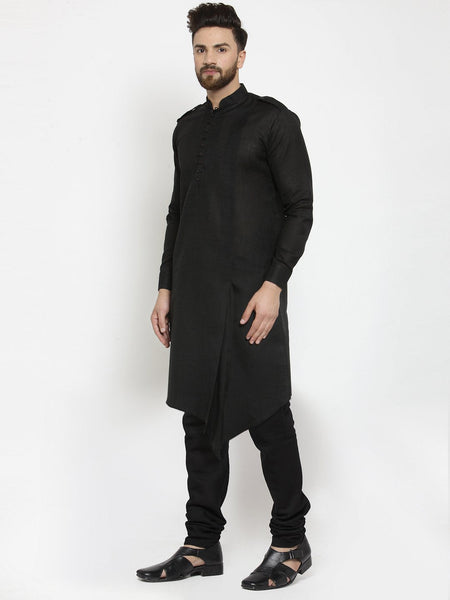 Black Kurta With Churidar Pajama Set in Linen For Men by Luxury at Less