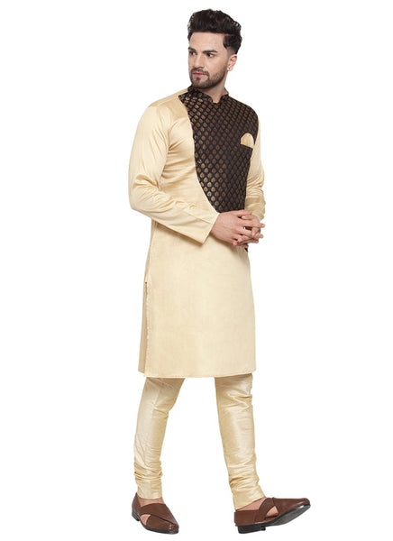 Brocade Silk Beige and Black Kurta With Churidar Pajama Set