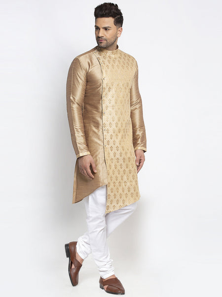 Embellished Brocade Golden Kurta With Churidar Pajama Set For Men By Luxury at Less