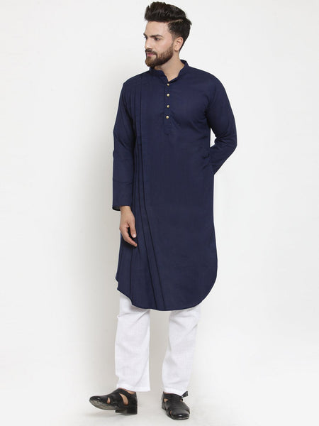 Designer Navy Blue Kurta With Aligarh Pajama Set  For Men By Luxury at Less