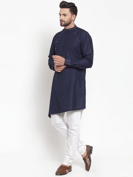 Designer Navy Blue Kurta With Churidar Set in Linen For Men by Luxury at Less