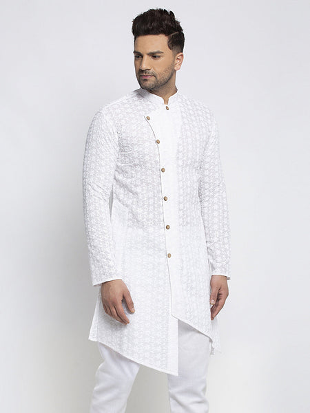 Designer Cotton Chikankari White Kurta For Men By Luxury at Less