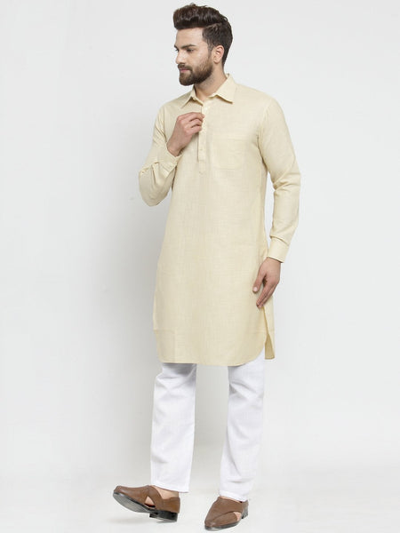 Designer Beige Pathani Lenin Kurta with White Aligarh Pajama by Luxury at Less