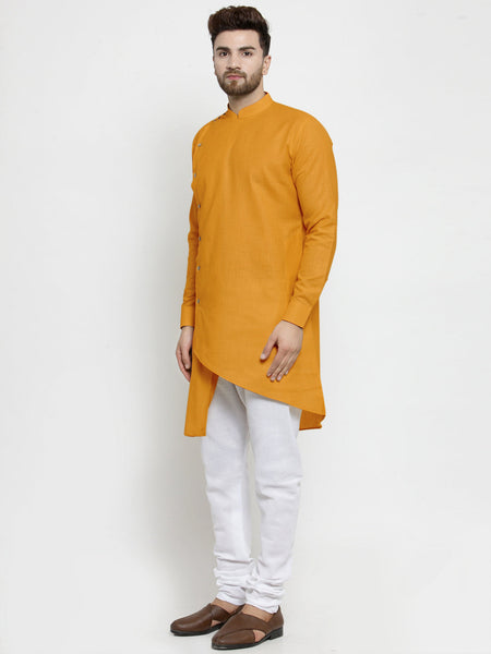 Designer Mustard Yellow Linen Kurta With White Churidar Pajama For Men By Luxury at Less